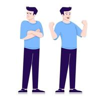 Offended and happy man flat vector illustration. Negative and positive emotions. Angry and cheerful person isolated cartoon characters with outline elements on white background