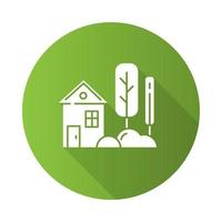 Small house with garden green flat design long shadow glyph icon. One storey village cottage and yard. Townhouse facade. Countryside house, townhome exterior. Vector silhouette illustration