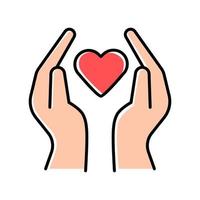 Hands with heart color icon. Volunteering activity. Nonprofit organization. Charity project. Friendship and love. Humanitarian help. Community service program. Isolated vector illustration