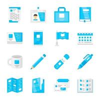 Office equipment flat design color icons set. Business tools isolated vector illustrations. Businessman accessories. Corporate attributes, stationery items pack. Notebook, employee badge