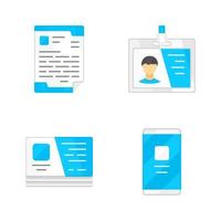 Office supplies flat design color icons set. Businessman tools isolated vector illustrations. Company equipment, accessories. Letterhead paper, employee badge, id card and mobile phone