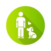 Animals welfare and help flat design long shadow glyph icon. Pup and master. Pet adoption. Animal emotional support. Volunteer activity. Man with faithful dog. Vector silhouette illustration