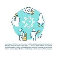 Allergy symptoms article page vector template. Fever, diarrhea, migraine. Brochure, magazine, booklet design element with icons, text box. Print design. Concept illustrations with text space