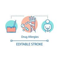 Drugs allergy concept icon. Allergic reaction to medications idea thin line illustration. Hives, indigestion. Pills use, vaccination side effects. Vector isolated outline drawing. Editable stroke