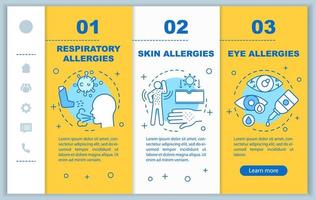 Allergy symptoms onboarding mobile web pages vector template. Skin, eye, respiratory. Responsive smartphone website interface idea with illustrations. Webpage walkthrough step screens. Color concept