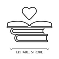 Educational books distribution linear icon. Volunteer reader. Donating books. Stack of romance novels. Thin line illustration. Contour symbol. Vector isolated outline drawing. Editable stroke
