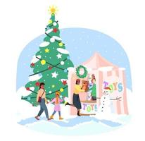 Christmas market flat illustration. Toys market stall with seller. Mother with daughter walk Xmas fair cartoon characters. New Year holiday city event. Winter fairground attractions, Christmas tree