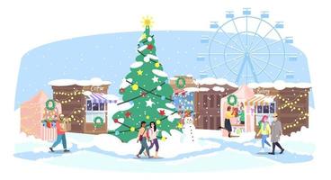 Christmas fair flat vector illustration. Xmas street market, funfair. Cartoon people walk winter fairground with holiday market stalls, Christmas tree and ferris wheel. New Year greeting card design