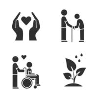Volunteering glyph icons set. Charity project, disabled and elderly people help, humanitarian assistance. Community service help. Silhouette symbols. Vector isolated illustration