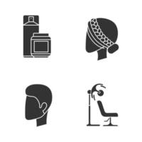 Hairdress glyph icons set. Beauty salon services. Haircut, drying, styling. Hairspray and styling gel, stand hairdryer, man and woman hairstyle. Silhouette symbols. Vector isolated illustration