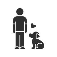 Animals welfare and help glyph icon. Pup and master. Pet adoption from shelter. Volunteer activity. Man with faithful dog. Silhouette symbol. Negative space. Vector isolated illustration