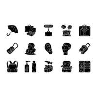 Travel accessories glyph icons set. Luggage, baggage and suitcase, backpack items. Tourism, trip equipment, tourist objects. Vacation accessories. Silhouette symbols. Vector isolated illustration