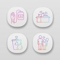 Volunteering app icons set. Altruistic activity. Blood and food donation, orphans care, garbage disposal. UI UX user interface. Web or mobile applications. Vector isolated illustrations