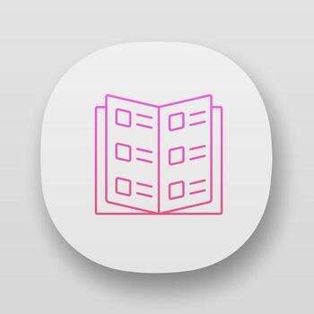 libro de referencia, icono de la aplicación de catálogo de negocios. interfaz de usuario ui ux. aplicación web o móvil. catálogo, menú de restaurante vector ilustración aislada. lista de descripciones de artículos, folleto de información