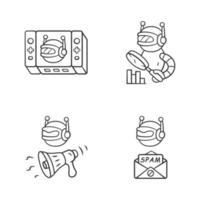 Web robots linear icons set. Game, monitoring, spam bot. Artificial intelligence, AI. Virtual reality. Spam attack. Thin line contour symbols. Isolated vector outline illustrations. Editable stroke