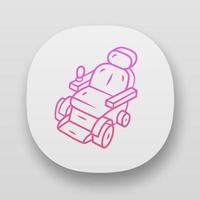 Motorized wheelchair app icon. Mobility aid device for physically disabled. Transportation for handicapped person. UI UX user interface. Web or mobile applications. Vector isolated illustrations..