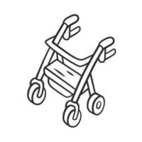 Rollator walker chalk linear icon. Mobility aid device for physically disabled people. Wheel walker equipment. Thin line illustration. Contour symbol. Vector isolated outline drawing. Editable stroke