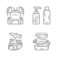 conjunto de iconos lineales de accesorios de viaje. mochila, bolsa de lona, contenedores reutilizables. bolsa de vuelo, neceser, contenedor. símbolos de contorno de línea delgada. ilustraciones aisladas de contorno vectorial. trazo editable vector