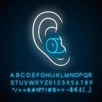 Noise cancelling earplugs neon light icon. Silicone, foam safety ear plug. Noise protection tool. Sleeping accessory. Glowing sign with alphabet, numbers and symbols. Vector isolated illustration