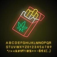 Cigarettes neon light icon. Weed product. Cannabis industry. Ganja smoking. Hemp distribution and sale. Relaxing CBD ciggy pack. Glowing sign with alphabet, symbols. Vector isolated illustration
