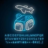 Flight, travelling bag neon light icon. Carry on duffel luggage, baggage pack. Handbag for travel, tourism. Glowing sign with alphabet, numbers and symbols. Vector isolated illustration