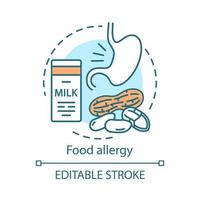 icono del concepto de alergia alimentaria. reacción alérgica a las proteínas de la leche, idea de nueces ilustración de línea delgada. intolerancia a la lactosa. problemas estomacales. alérgenos alimentarios. dibujo de contorno aislado vectorial. trazo editable vector