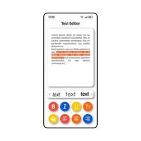 Text editing software smartphone interface vector template. Mobile app page color design layout. Highlighting phrases tool screen. Flat UI for application. Notes editor phone display