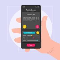 Text to speech converter smartphone interface vector template. Mobile app page color design layout. Spoken phrase generator screen. Flat UI for application. Hand holding phone with audio on display