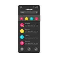 plantilla de vector de interfaz de teléfono inteligente de generador de chat falso. diseño de color de la página de la aplicación móvil. Pantalla de fabricante de conversación falsa. interfaz de usuario plana para la aplicación. pantalla de teléfono de mensajes de cuenta falsa