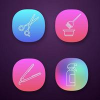 Hairdress app icons set. Haircut, hair dyeing, straightening. Scissors, coloring tools, straightener, spray bottle. UI UX user interface. Web or mobile applications. Vector isolated illustrations