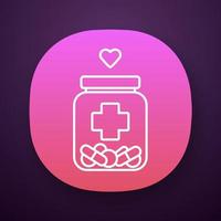 Medical aid app icon. Medical volunteering. Course of treatment. Can with different pills. Bottle with drugs, heart. UI UX user interface. Web or mobile application. Vector isolated illustration