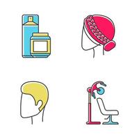 Hairdress color icons set. Barbershop, beauty salon services. Haircut, drying, styling. Hairspray and styling gel, stand hairdryer, man and woman hairstyle. Isolated vector illustrations