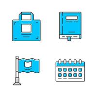 Office accessories color icons set. Business supplies isolated vector illustrations pack. Corporate work attributes, company worker tools. Working notepad, desk calendar, briefcase and small flag