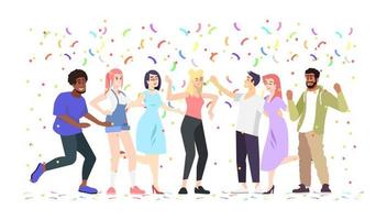 Students dancing, having fun vector illustration. Young people, teenagers energetic movements, party event. Music festival, birthday celebration, relax with multicolored paper confetti, ribbons ..