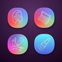 Feminine hygiene, makeup app icons set. Skin care attributes, cosmetic accessories. UI UX user interface. Web or mobile applications. Vector isolated illustrations. Face mask, eyeshadow, lipstick