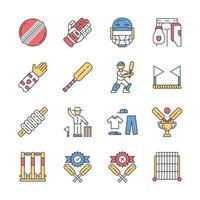 Cricket championship color icons set. Sport uniform, protective gear, game equipment. Outdoor athletic activity. Bat and ball team game. Match preparation. Isolated vector illustrations