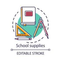 School supplies, student tools concept icon. Stationery items store advertising idea thin line illustration. Book, dividers and ruler with pencil vector isolated outline drawing. Editable stroke