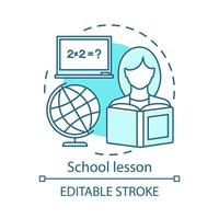 School lesson, math subject concept icon. Knowledge gaining idea thin line illustration. Elementary grade education. Globe and student with book vector isolated outline drawing. Editable stroke