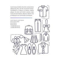 School uniform article page vector template. Pupils fashion. Brochure, magazine, booklet design element with linear icons and text boxes. Print design. Concept illustrations with text space