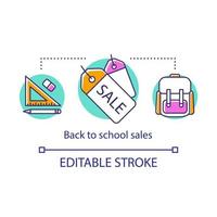 School sales concept icon. Discount offers advert, pupils accessories clearance. Sale price tags, backpack, stationery thin line illustration. Vector isolated outline drawing. Editable stroke..