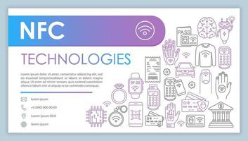 NFC technology banner, business card vector template. Contactless and cashless payments. Company contact with phone, email line icons. Presentation, web page idea. Corporate print design layout
