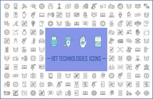 gran conjunto de iconos lineales de tecnologías. inteligencia artificial, robots. nfc, banca por internet, servicios de pagos en línea. símbolos de contorno de línea delgada. ilustraciones aisladas de contorno vectorial. trazo editable vector