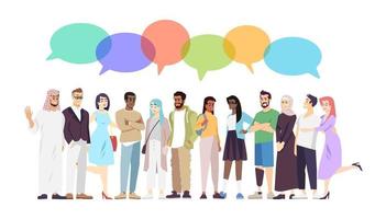 Multicultural diversity flat vector illustration. Different races representatives with empty speech bubbles. Multinational students community. International partnership and cooperation