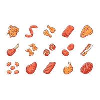 Butchers meat color icons set. Grilled chicken drumsticks, breast and ham. Bacon, burger patties, steaks, oxtails. Butchery business. Roasted meat production and sale. Isolated vector illustrations