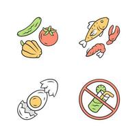 Conjunto de iconos de color de alimentación sana y equilibrada. alimentos ricos en vitaminas y omega 3. camarones y mariscos de pinza de cangrejo. no hay señal de refrescos. ingredientes de huevo, verduras y pescado ilustraciones vectoriales aisladas