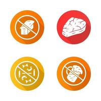 No gluten diet flat design long shadow glyph icons set. Zero carbs, carnivore eating. Alcohol free drink. Pastry products refuse signs. Macaroni, bread loaf, meat steak vector silhouette illustration