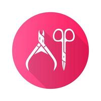 Nail scissors flat design long shadow glyph icon. Manicure and pedicure tools vector silhouette illustration. Body care, hygiene accessories. Small toiletries, sharp clippers. Beauty salon symbol