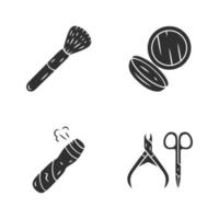 Skin care accessories glyph icons set. Makeup attributes, feminine hygiene silhouette symbols. Beauty salon products vector isolated illustration. Cosmetic brush, body spray, nail scissors, nippers