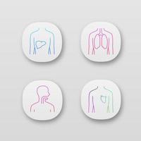 Healthy human organs app icons set. Liver and lungs in good health. Functioning heart. Wholesome throat. UI UX user interface. Web or mobile applications. Vector isolated illustrations