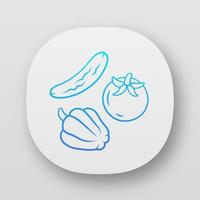 Fresh vegetables app icon. Vegetarian diet and healthy eating UI UX user interface. Organic vegan food web or mobile application. Cucumber, tomato and bell pepper vector isolated illustration